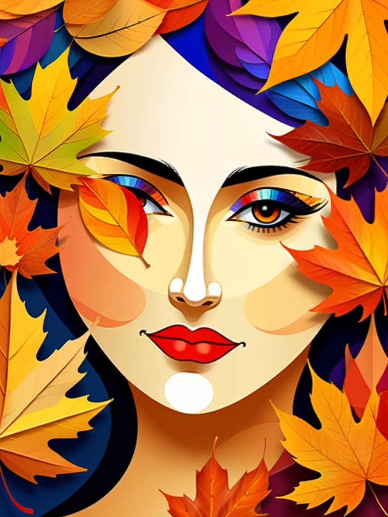  abstract style autumn leaves folded in the shape of a woman's face, style of Odilon Redon . non-representational, colors and shapes, expression of feelings, imaginative, highly detailed