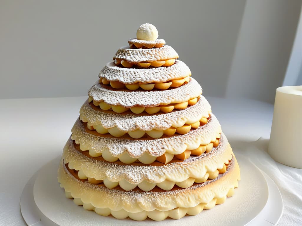  A closeup, ultradetailed image of a perfectly stacked and glazed Kransekake, showcasing the intricate ring design and glossy finish, set against a clean, white background to highlight its elegant and minimalistic aesthetic. hyperrealistic, full body, detailed clothing, highly detailed, cinematic lighting, stunningly beautiful, intricate, sharp focus, f/1. 8, 85mm, (centered image composition), (professionally color graded), ((bright soft diffused light)), volumetric fog, trending on instagram, trending on tumblr, HDR 4K, 8K