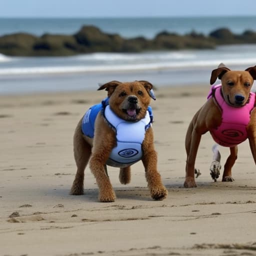  dos cachorros de perro de raza san bernando jugando en la playa con un balón de fútbol,mientra una chica corre detrás de ellos con un collar de perro. Imagen graciosa.