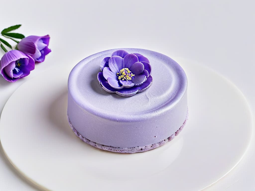  An ultradetailed closeup photograph of a delicate lavender macaron topped with vibrant purple lavender flowers, set against a clean, white background. The macaron is perfectly formed, showcasing a smooth, glossy surface, with the lavender petals elegantly placed on top, highlighting the beauty and sophistication of using edible flowers in pastry. hyperrealistic, full body, detailed clothing, highly detailed, cinematic lighting, stunningly beautiful, intricate, sharp focus, f/1. 8, 85mm, (centered image composition), (professionally color graded), ((bright soft diffused light)), volumetric fog, trending on instagram, trending on tumblr, HDR 4K, 8K