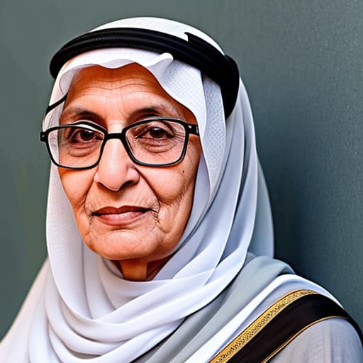  Generate an image of an Arabian grandmother from Jeddah, Saudi Arabia, wearing Hijab and glasses. The photo should capture her from the front, highlighting her traditional attire and reflecting the cultural essence of the Hijaz region.