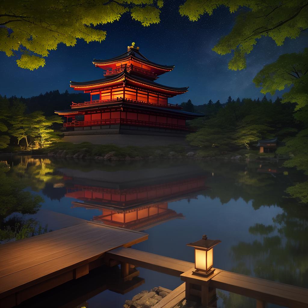  masterpiece, best quality, (Fidelity: 1.4), Best Quality, Masterpiece, Ultra High Resolution, 8k resolution, A night view inspired by Japanese art, featuring a garden illuminated by paper lanterns and a wooden bridge spanning a tranquil lake, by the lakeside, there is a small Zen temple. The water reflects the starry sky. There are several horses in business suits having a party and drinking alcohol