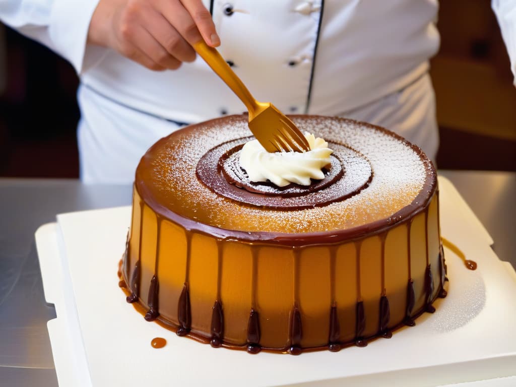  A closeup, photorealistic image of a chef delicately brushing a shiny, golden glaze onto a decadent ruminfused cake. The rich colors of the moist sponge and the glossy glaze contrast beautifully, showcasing the intricate details of the dessert. The chef's hands are steady and precise, adding a touch of elegance to the scene. The background is softly blurred, keeping the focus solely on the artistry of the pastry creation. hyperrealistic, full body, detailed clothing, highly detailed, cinematic lighting, stunningly beautiful, intricate, sharp focus, f/1. 8, 85mm, (centered image composition), (professionally color graded), ((bright soft diffused light)), volumetric fog, trending on instagram, trending on tumblr, HDR 4K, 8K