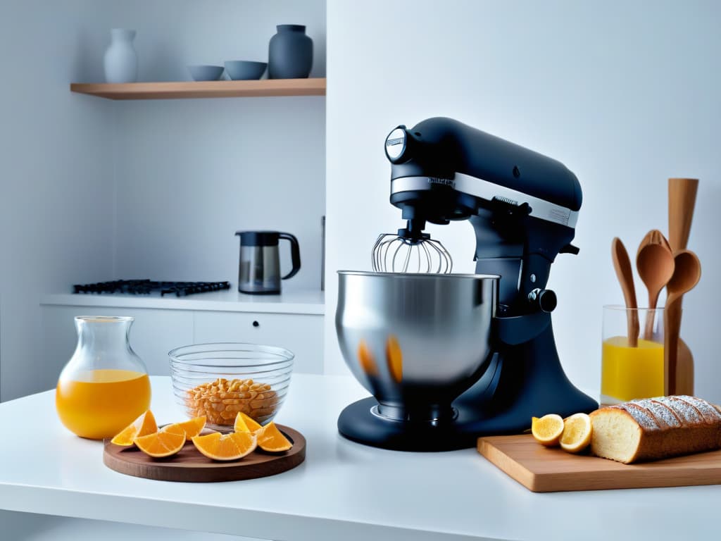  A highresolution image of a sleek, minimalistic kitchen countertop with a topoftheline stand mixer in a chic matte black finish. The mixer is elegantly designed with a glass bowl, digital display, and modern touch controls. Soft, natural light filters in, casting a gentle glow on the mixer, highlighting its exquisite craftsmanship and highend aesthetic. The background is subtly blurred to keep the focus on the mixer, creating a visually appealing and sophisticated image that embodies the essence of professionalgrade baking equipment. hyperrealistic, full body, detailed clothing, highly detailed, cinematic lighting, stunningly beautiful, intricate, sharp focus, f/1. 8, 85mm, (centered image composition), (professionally color graded), ((bright soft diffused light)), volumetric fog, trending on instagram, trending on tumblr, HDR 4K, 8K