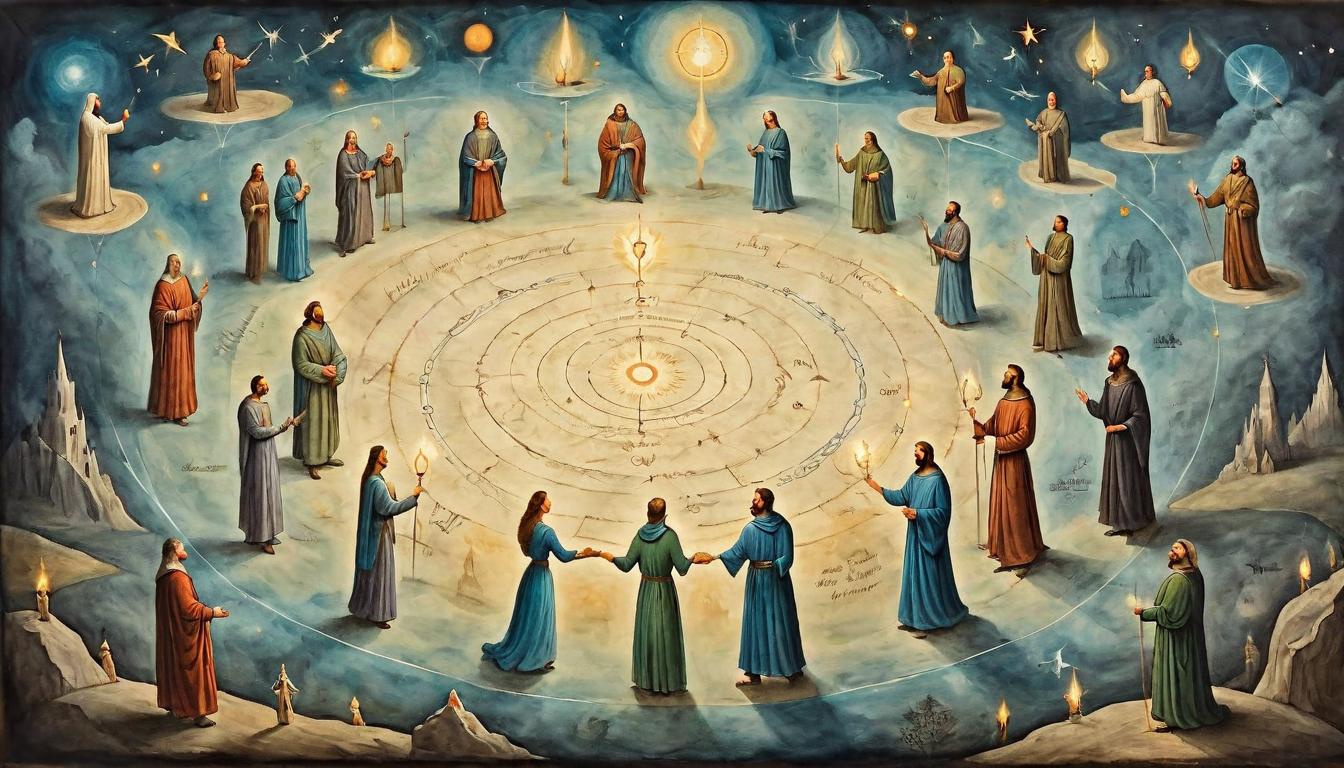  on parchment, surrealism+++, A circle of people with light strands connecting their hearts, central guiding figure, collective ascension, harmony, linked destinies(mysterious, provocative, symbolic,muted color)+++