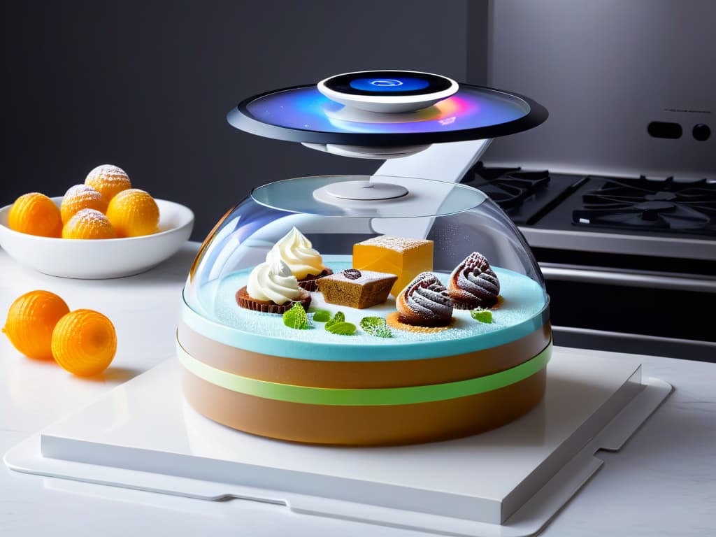  An 8k ultradetailed image of a futuristic augmented reality headset overlaying a holographic display of intricate dessert recipes floating in midair. The dessert recipes include detailed steps and ingredients, surrounded by digital illustrations of various baking tools and ingredients. The background is a sleek, minimalist kitchen setting with soft, ambient lighting to enhance the futuristic and professional feel of the image. hyperrealistic, full body, detailed clothing, highly detailed, cinematic lighting, stunningly beautiful, intricate, sharp focus, f/1. 8, 85mm, (centered image composition), (professionally color graded), ((bright soft diffused light)), volumetric fog, trending on instagram, trending on tumblr, HDR 4K, 8K