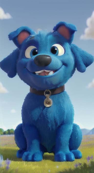  {A happy, big blue dog wagging its tail in a colorful meadow, The big blue dog is large with sky blue fur, big round eyes, a black nose, and floppy ears.