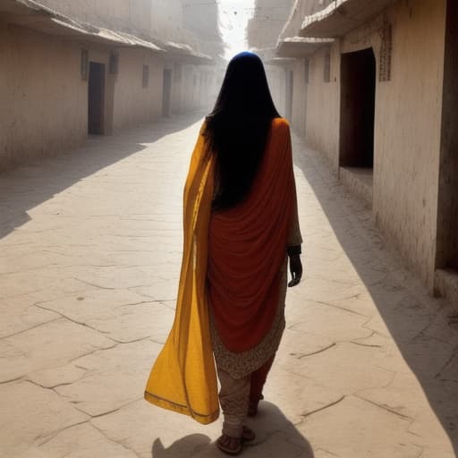  women light face long hair and dupatta juti in footsteps gater in hands