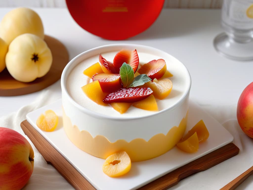  A closeup, ultradetailed image of a perfectly whipped mousse de membrillo in a pristine white ceramic ramekin, garnished with a thin slice of fresh quince fruit delicately placed on top. The smooth, creamy texture of the mousse shines under a soft, natural light, showcasing its light and airy consistency. The minimalist presentation highlights the elegance and simplicity of this autumnal dessert, inviting viewers to indulge in its deliciousness. hyperrealistic, full body, detailed clothing, highly detailed, cinematic lighting, stunningly beautiful, intricate, sharp focus, f/1. 8, 85mm, (centered image composition), (professionally color graded), ((bright soft diffused light)), volumetric fog, trending on instagram, trending on tumblr, HDR 4K, 8K