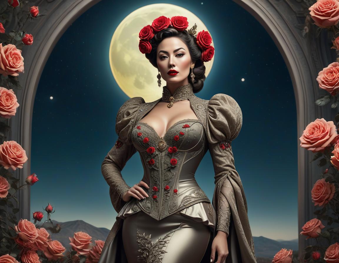  surrealist art An elaborate digital artwork of a woman in vintage attire with roses and a lunar backdrop. . dreamlike, mysterious, provocative, symbolic, intricate, detailed hyperrealistic, full body, detailed clothing, highly detailed, cinematic lighting, stunningly beautiful, intricate, sharp focus, f/1. 8, 85mm, (centered image composition), (professionally color graded), ((bright soft diffused light)), volumetric fog, trending on instagram, trending on tumblr, HDR 4K, 8K