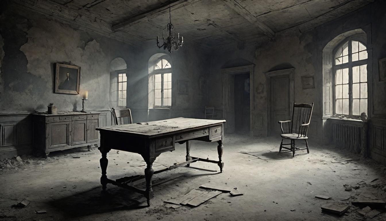  on parchment, surrealism+++, Darkened room with a single beam of light, old and tattered furniture, dust particles floating, lifeless and eerie, sense of abandoned comfort, stark and desolate(mysterious, provocative, symbolic,muted color)+++