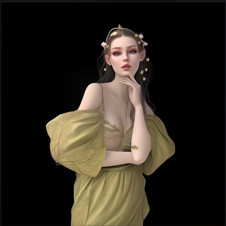 mdjrny-v4 style Create a Fantasy style avatar of a female Elf. Prominent Elf Ears, ears should be pointed, long, sharp, visible behind the hair. The character should have long, flowing silver hair, caught in a bun, adorned with delicate flowers. Her eyes should be almond shaped and bright green. She should wear an elegant, fitted tunic with intricate leaf patterns and embroidery. Her ears should be pointed and prominent, a defining feature of Elves. She should have a graceful and slender build, with pale, smooth skin.