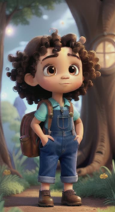  {The tree shining brightly and releasing a gentle, magical light., Riley, a curious with big brown eyes and curly hair, wearing overalls and carrying a small backpack. Their friend, Skye, a bluebird with shiny feathers.