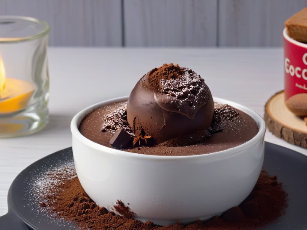  An ultradetailed, 8k resolution image of a delicate chocolate truffle being handdipped into a bowl of ethically sourced, fair trade cocoa powder. The truffle is perfectly round, coated in a dusting of rich cocoa powder, with tiny flecks of cocoa visible in the air around it. The background is a soft, muted grey to highlight the dark brown of the cocoa powder and the glossy sheen of the truffle. The image conveys precision, luxury, and the artisanal quality of fair trade ingredients. hyperrealistic, full body, detailed clothing, highly detailed, cinematic lighting, stunningly beautiful, intricate, sharp focus, f/1. 8, 85mm, (centered image composition), (professionally color graded), ((bright soft diffused light)), volumetric fog, trending on instagram, trending on tumblr, HDR 4K, 8K