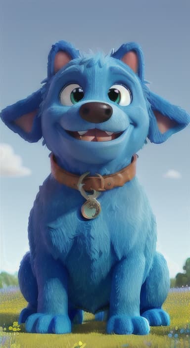  {A happy, big blue dog wagging its tail in a colorful meadow, The big blue dog is large with sky blue fur, big round eyes, a black nose, and floppy ears.