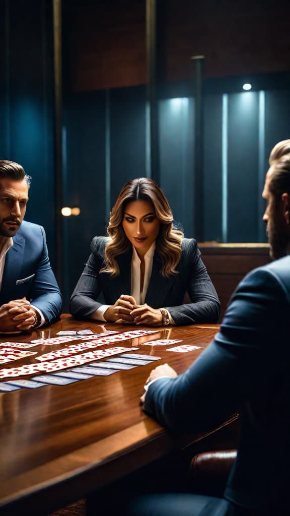  A group of strangers is gathered around a table, each person holding a set of cards. The dimly lit room adds an air of tension and suspense to the scene. The strangers look tentatively at each other, their expressions revealing a combination of determination and nervousness. hyperrealistic, full body, detailed clothing, highly detailed, cinematic lighting, stunningly beautiful, intricate, sharp focus, f/1. 8, 85mm, (centered image composition), (professionally color graded), ((bright soft diffused light)), volumetric fog, trending on instagram, trending on tumblr, HDR 4K, 8K