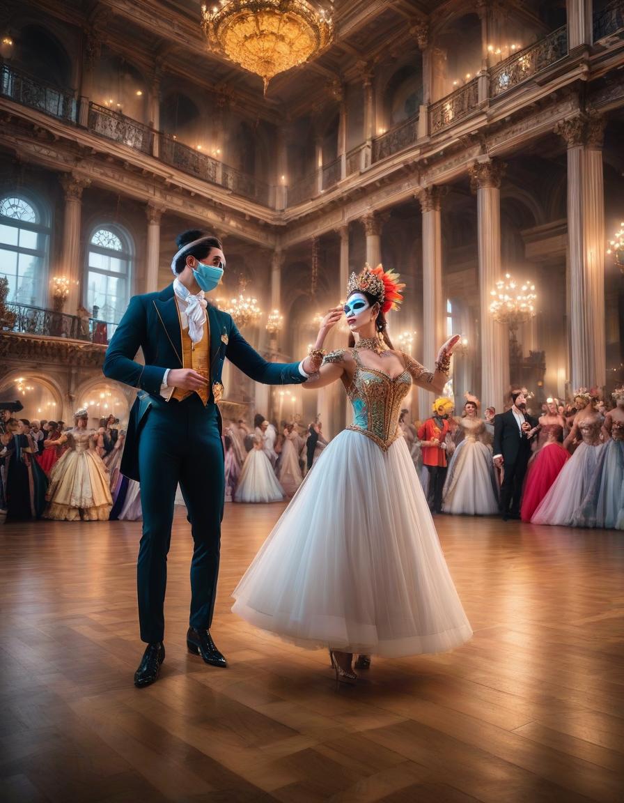  A full length image of a woman and a man in bright carnival costumes and bright carnival masks dancing on the parquet floor of the palace. The palace hall is lit with candles, in the background other dancers are shown dancing around them, and their movements seem slightly blurred, romantic picture, holiday atmosphere, renaissance hyperrealistic, full body, detailed clothing, highly detailed, cinematic lighting, stunningly beautiful, intricate, sharp focus, f/1. 8, 85mm, (centered image composition), (professionally color graded), ((bright soft diffused light)), volumetric fog, trending on instagram, trending on tumblr, HDR 4K, 8K