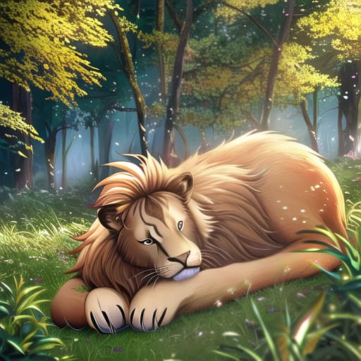  A Lion lay sleeping in the forest, his great head resting on his paws. hyperrealistic, full body, detailed clothing, highly detailed, cinematic lighting, stunningly beautiful, intricate, sharp focus, f/1. 8, 85mm, (centered image composition), (professionally color graded), ((bright soft diffused light)), volumetric fog, trending on instagram, trending on tumblr, HDR 4K, 8K