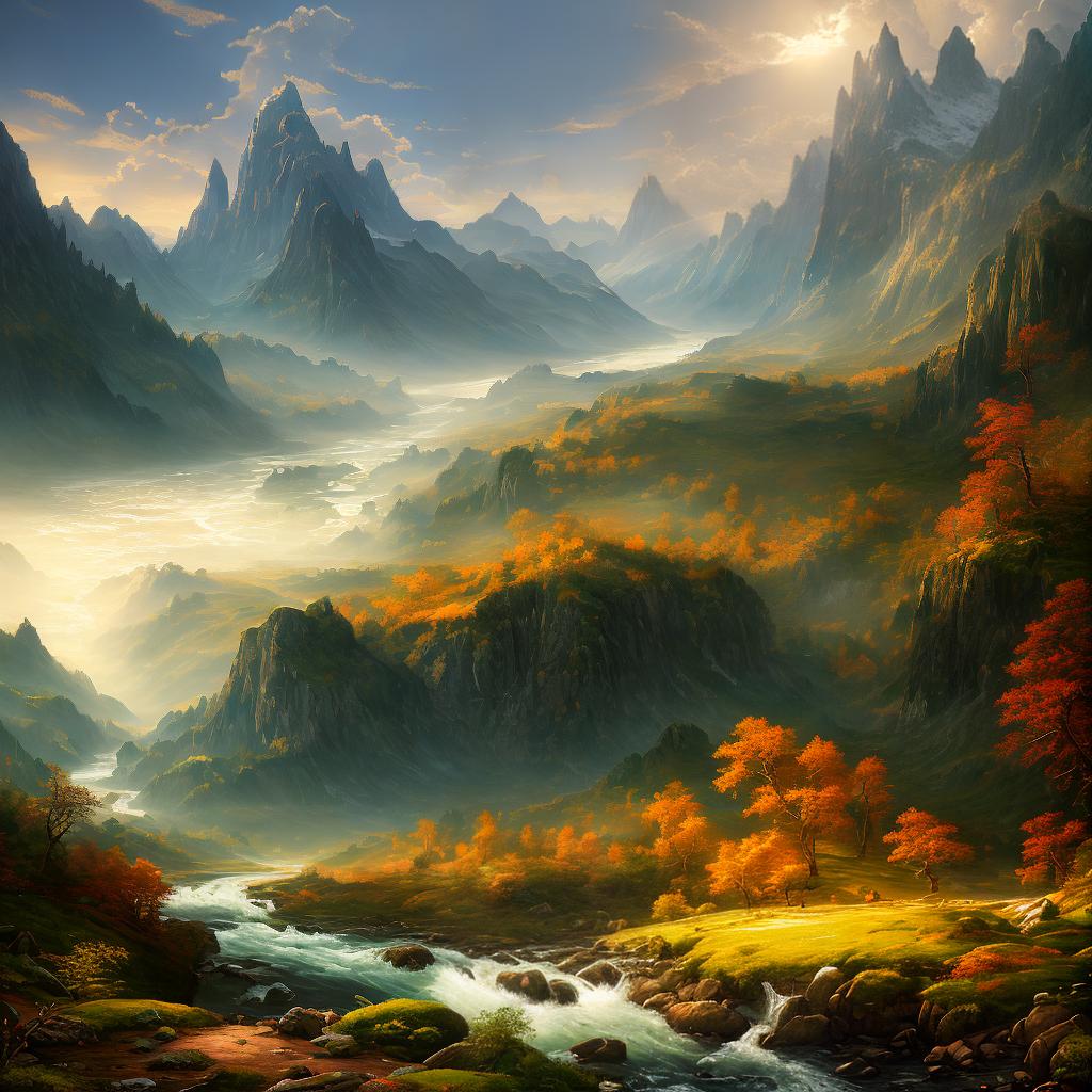  A breathtaking ((masterpiece)) of a serene landscape, captured with the (((best quality))) in stunning 8k resolution. The image showcases a tranquil scene with a river flowing through lush green meadows, surrounded by majestic mountains in the background. The level of detail is truly remarkable, with vibrant colors and ultra-detailed textures. The sunlight bathes the landscape in a warm golden glow, creating a mesmerizing atmosphere. This stunning artwork is reminiscent of the works of renowned landscape artist, Thomas Moran. You can find more of his incredible creations on his website, www.thomasmoranart.com. hyperrealistic, full body, detailed clothing, highly detailed, cinematic lighting, stunningly beautiful, intricate, sharp focus, f/1. 8, 85mm, (centered image composition), (professionally color graded), ((bright soft diffused light)), volumetric fog, trending on instagram, trending on tumblr, HDR 4K, 8K