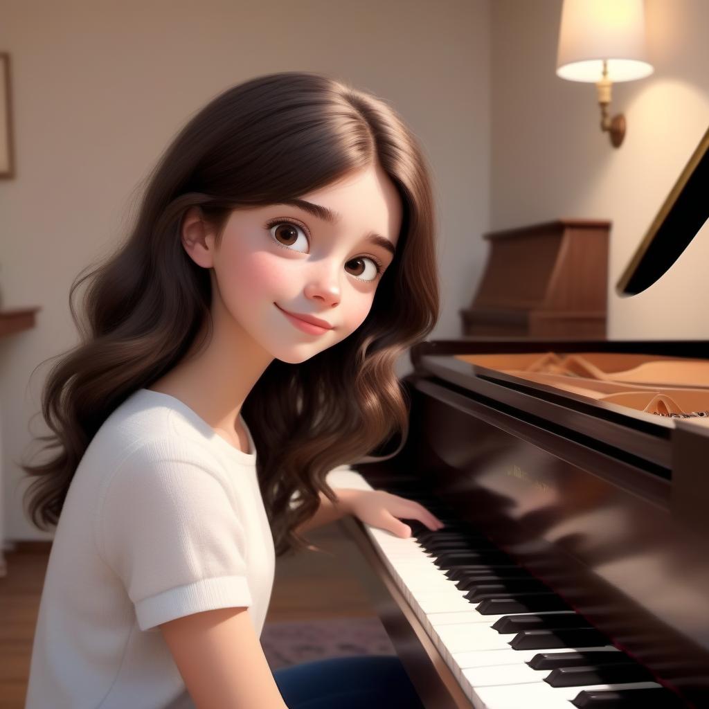  pixar style, girl, 21 years, she has wavy dark brown hair below her shoulders, she has brown eyes, she sits at home at the piano and composes songs