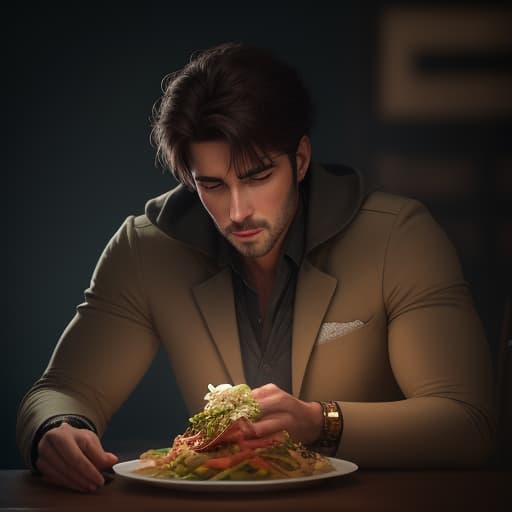  un homme en train de manger hyperrealistic, full body, detailed clothing, highly detailed, cinematic lighting, stunningly beautiful, intricate, sharp focus, f/1. 8, 85mm, (centered image composition), (professionally color graded), ((bright soft diffused light)), volumetric fog, trending on instagram, trending on tumblr, HDR 4K, 8K