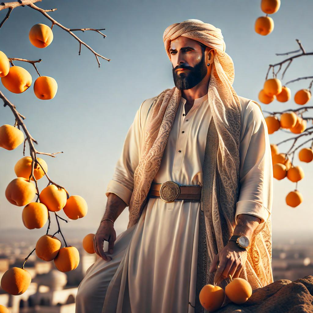  Middle eastern man on top of a huge dried apricot hyperrealistic, full body, detailed clothing, highly detailed, cinematic lighting, stunningly beautiful, intricate, sharp focus, f/1. 8, 85mm, (centered image composition), (professionally color graded), ((bright soft diffused light)), volumetric fog, trending on instagram, trending on tumblr, HDR 4K, 8K