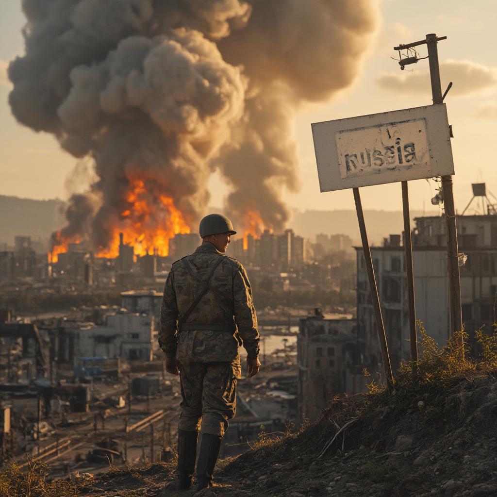  ultra high quality, very detailed , russian city destroyed by nuclear disaster , buildings on fires , man soldier looking at camera , wearing a poland military suit with no helmet standing near city white sign with the text 'russia' written on it , nuclear warning sign,