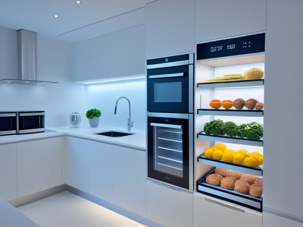  A sleek, minimalistic kitchen interior with augmented reality overlays showcasing virtual shelves, smart storage solutions, and digital recipe displays seamlessly integrated into the space, highlighting efficient organization in a small home kitchen. The image features a clean, modern design with a focus on technologyenhanced organization tools, emphasizing a futuristic and practical approach to maximizing space and functionality in cooking environments. hyperrealistic, full body, detailed clothing, highly detailed, cinematic lighting, stunningly beautiful, intricate, sharp focus, f/1. 8, 85mm, (centered image composition), (professionally color graded), ((bright soft diffused light)), volumetric fog, trending on instagram, trending on tumblr, HDR 4K, 8K