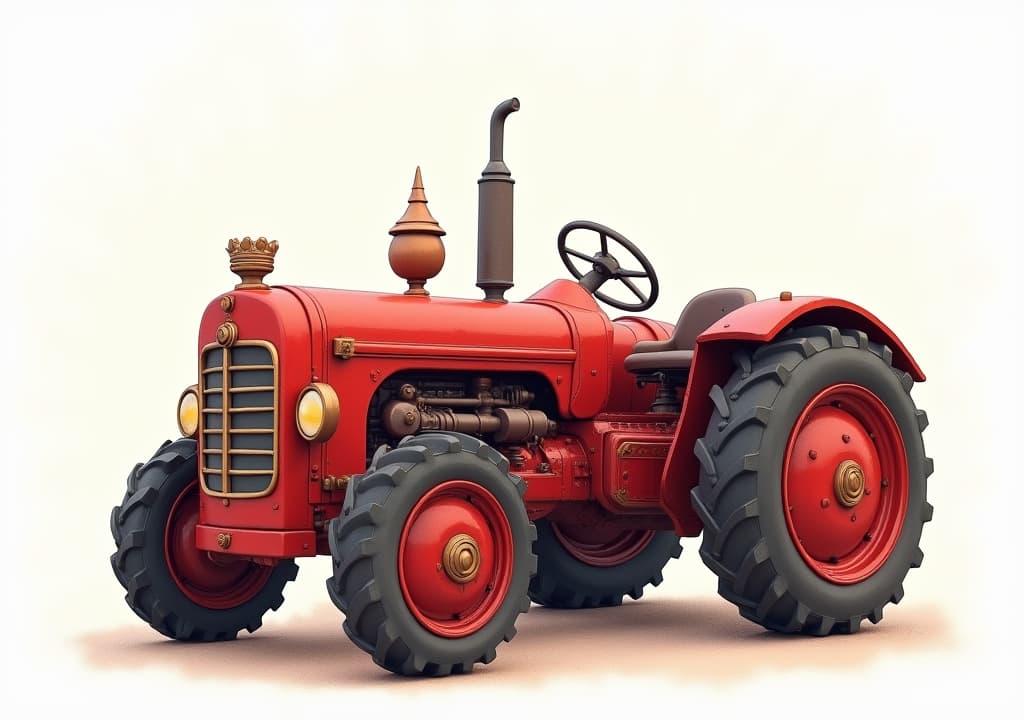  good quality, high quality, can you generate medieval tractor side view for a 2d hd vehicle cute and short. water color aesthetic , bright red color. water color style, generate medieval tractor but in stylized way, in front and side and back view, side view must be 90 degrees flip with symmetry and its the main view. this vehicle is for hd 2d game. as you know in hd games the characters are cute and short. tractor with ornament. ornaments: metal royal luxury vehicle. must and should (side , front , back views mandatory, highstress on these : high realism and details ) i need in whimsical way