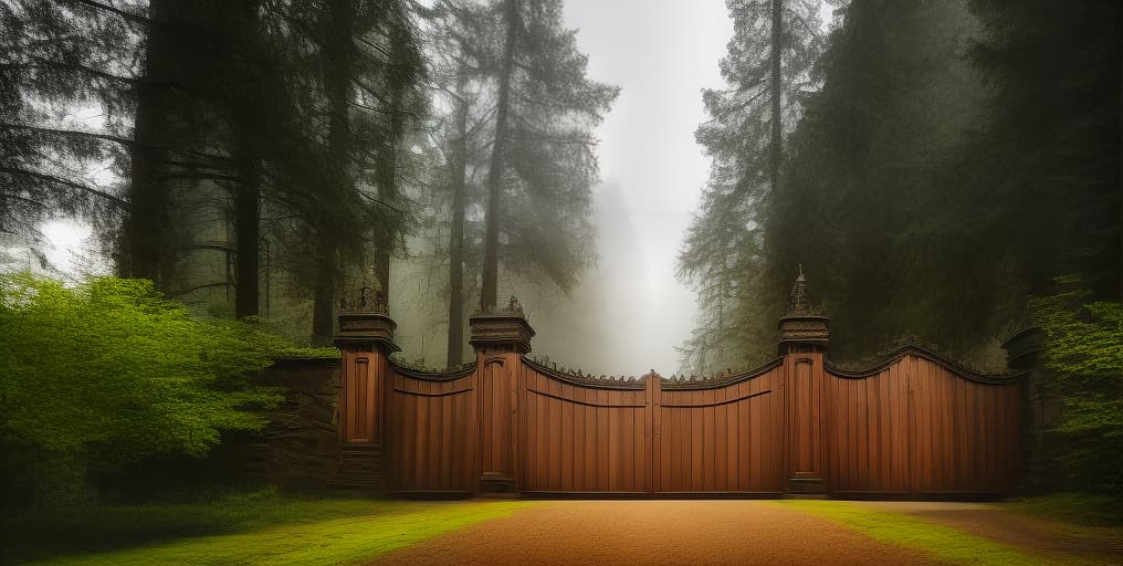  very big gates, castle, looking up, closed gates, wooden, misty forest, back lighting, hyperrealistic, full body, detailed clothing, highly detailed, cinematic lighting, stunningly beautiful, intricate, sharp focus, f/1. 8, 85mm, (centered image composition), (professionally color graded), ((bright soft diffused light)), volumetric fog, trending on instagram, trending on tumblr, HDR 4K, 8K