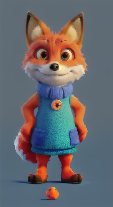  {Error the fox pressing the blue button with his paw, looking puzzled as nothing occurs., Error is a small, bright orange fox with a fluffy tail and big, inquisitive eyes. He has a mischievous yet kind expression and wears a tiny green scarf.