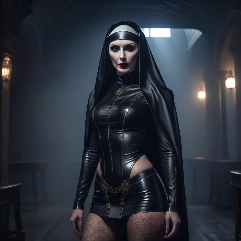  The nun stands with her back, high heels, black latex, dressed. hyperrealistic, full body, detailed clothing, highly detailed, cinematic lighting, stunningly beautiful, intricate, sharp focus, f/1. 8, 85mm, (centered image composition), (professionally color graded), ((bright soft diffused light)), volumetric fog, trending on instagram, trending on tumblr, HDR 4K, 8K