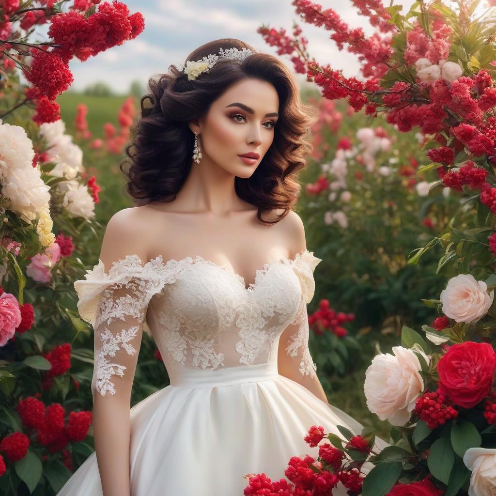  A masterpiece. Very beautiful girl with black curls gathered upwards. Beautiful hairstyle. White wedding fitted dress with lace. Elegance. Very beautiful dress. Brown eyes. Happy look. No pomp, just elegance. (Sparkling rim)): spring field, hyacinths, roses, rosehips, rose hips, peonies, cherry tree, yellow, red. Realism, rococo, surrealist abstraction. Alfonso Mucha, Honoré Fargonard. hyperrealistic, full body, detailed clothing, highly detailed, cinematic lighting, stunningly beautiful, intricate, sharp focus, f/1. 8, 85mm, (centered image composition), (professionally color graded), ((bright soft diffused light)), volumetric fog, trending on instagram, trending on tumblr, HDR 4K, 8K