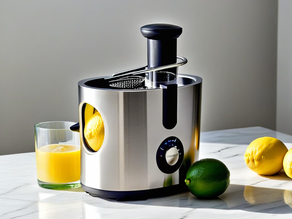  A closeup, highresolution image of a sleek, modern citrus juicer with a polished stainless steel exterior catching the light, showcasing its elegant design and precise engineering. The juicer sits on a clean, white marble countertop, surrounded by vibrant, freshly cut lemons and limes, with small droplets of juice glistening on the fruit. The focus is on the simplicity and sophistication of the juicer, highlighting its potential to elevate the baking experience. hyperrealistic, full body, detailed clothing, highly detailed, cinematic lighting, stunningly beautiful, intricate, sharp focus, f/1. 8, 85mm, (centered image composition), (professionally color graded), ((bright soft diffused light)), volumetric fog, trending on instagram, trending on tumblr, HDR 4K, 8K