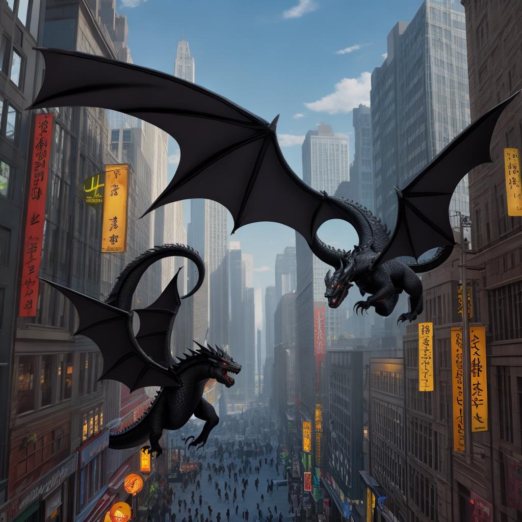  masterpiece, best quality, flying black dragon in city