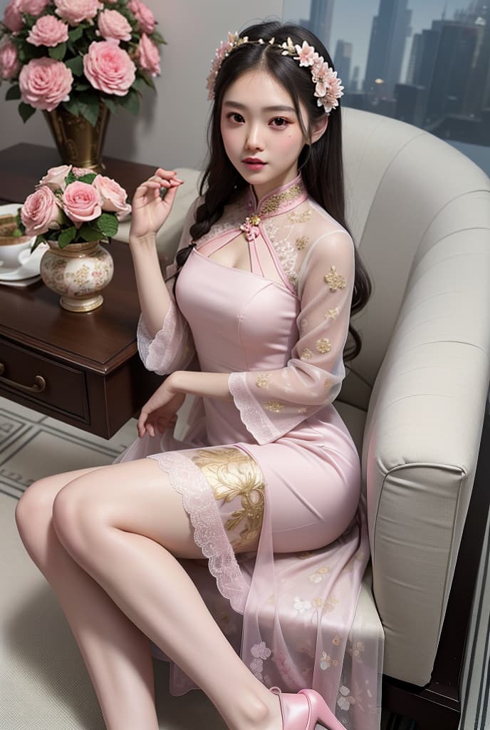  A masterpiece prisma colour, shading in pastel pink florals and lace of a close up beautiful Thai model wear Cheongsam dress dress in Lai Thai pattern, gold shoes and two braids, pose a fashion in luxury Lai Thai pattern living room in a style of richly detail, holding a Bouquet of roses and looking at camera, surround by exquisite and beautiful Lai Thai pattern on the wall, sunlight, poinsettia flowers, intricate -ar 61:128 -style 750, -v 5.2, ADVERTISING PHOTO,high quality, good proportion, masterpiece , The image is captured with an 8k camera