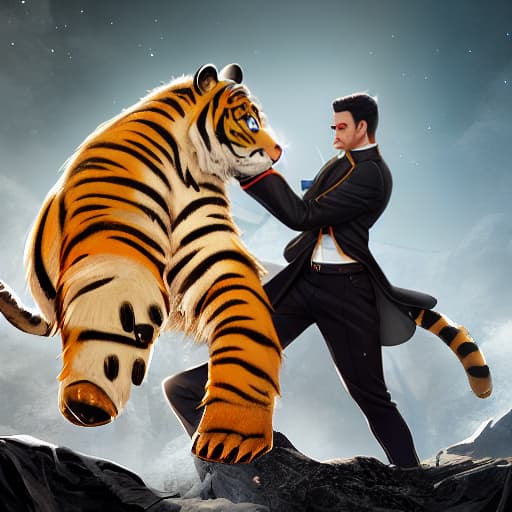  panda and tiger 2D style dance hyperrealistic, full body, detailed clothing, highly detailed, cinematic lighting, stunningly beautiful, intricate, sharp focus, f/1. 8, 85mm, (centered image composition), (professionally color graded), ((bright soft diffused light)), volumetric fog, trending on instagram, trending on tumblr, HDR 4K, 8K