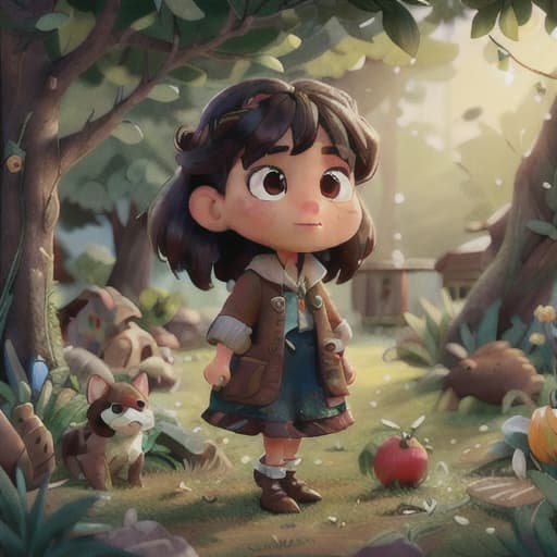  "Generate an image using Stable Diffusion of a scene where Lena, with her wise expression, is storytelling to her animal friends in a garden that is full of love and joy, with an apple tree shining brightly in the background.", best quality, very detailed, high resolution, sharp, sharp image, extremely detailed, 4k, 8k hyperrealistic, full body, detailed clothing, highly detailed, cinematic lighting, stunningly beautiful, intricate, sharp focus, f/1. 8, 85mm, (centered image composition), (professionally color graded), ((bright soft diffused light)), volumetric fog, trending on instagram, trending on tumblr, HDR 4K, 8K