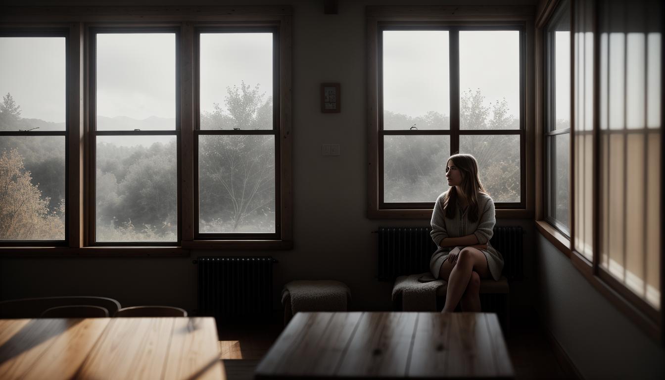  cinematic, aesthetic, A thoughtful person, neutral gender, sitting by a window, soft light filtering in, face in gentle contemplation, surrounding room rustic and cozy, 4k, HDR, lens flare