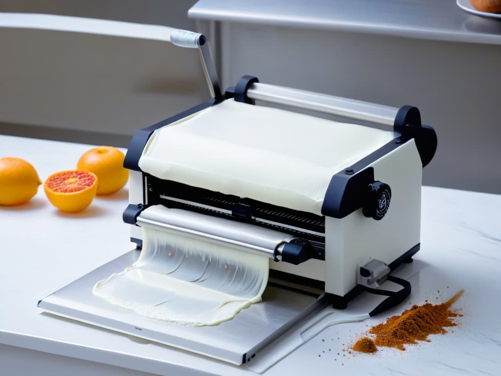  A closeup, ultradetailed image of a sleek, modern fondant rolling machine in a pristine white kitchen setting. The machine's stainless steel surface gleams under soft, natural lighting, showcasing its intricate design and precise craftsmanship. Delicate fondant sheets are elegantly rolled out, ready to be transformed into exquisite cake decorations, embodying the perfect blend of innovation and artistry in the world of pastry making. hyperrealistic, full body, detailed clothing, highly detailed, cinematic lighting, stunningly beautiful, intricate, sharp focus, f/1. 8, 85mm, (centered image composition), (professionally color graded), ((bright soft diffused light)), volumetric fog, trending on instagram, trending on tumblr, HDR 4K, 8K