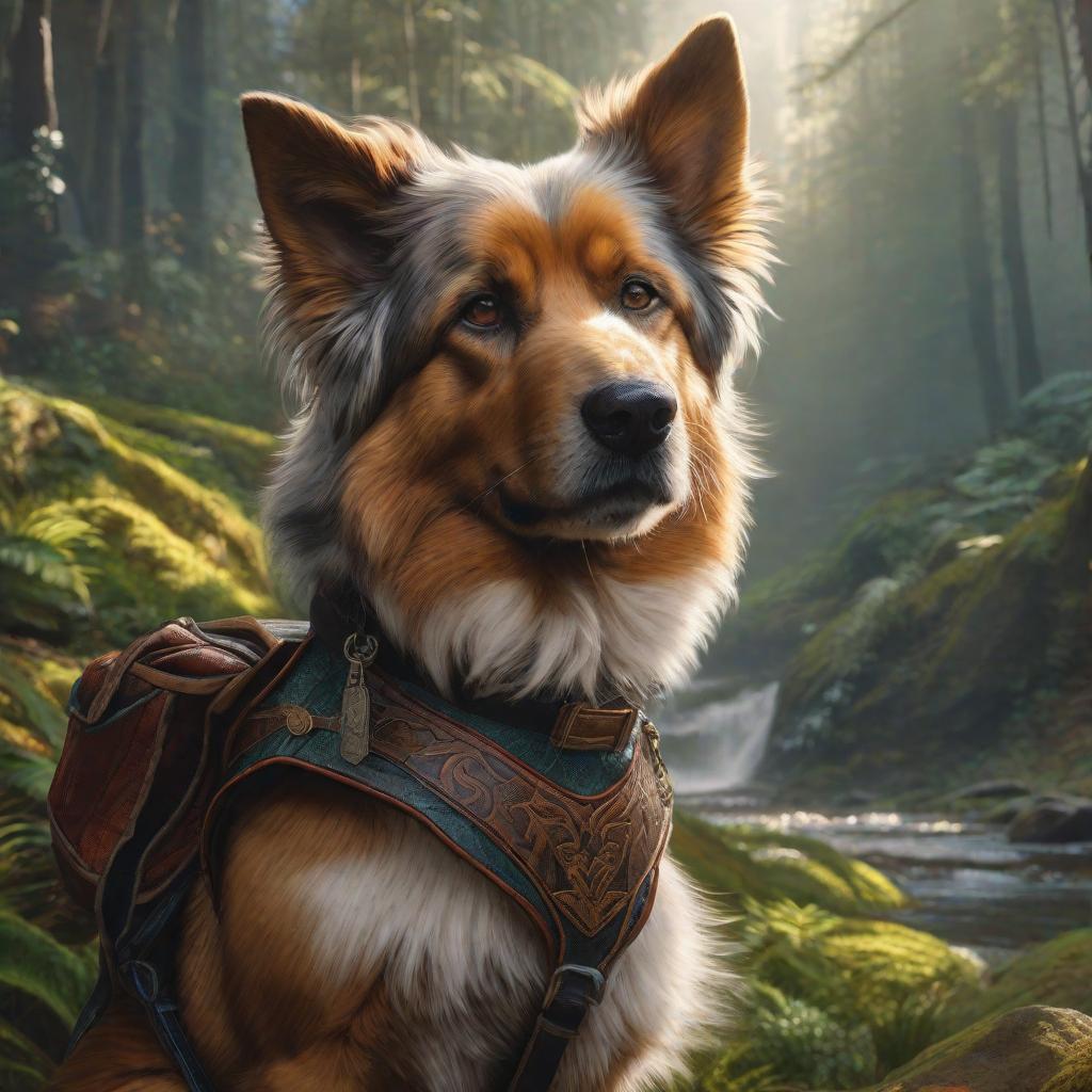  Perro con mochila, realistic fantasy d & d character, closeup portrait art by donato giancola and greg rutkowski, realistic face, digital art, trending on artstation hyperrealistic, full body, detailed clothing, highly detailed, cinematic lighting, stunningly beautiful, intricate, sharp focus, f/1. 8, 85mm, (centered image composition), (professionally color graded), ((bright soft diffused light)), volumetric fog, trending on instagram, trending on tumblr, HDR 4K, 8K