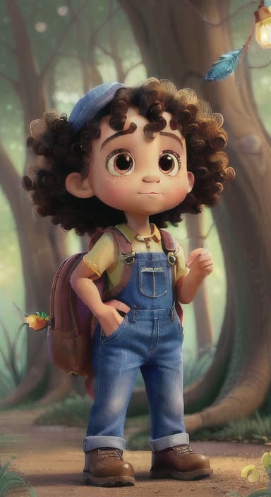  {The tree shining brightly and releasing a gentle, magical light., Riley, a curious with big brown eyes and curly hair, wearing overalls and carrying a small backpack. Their friend, Skye, a bluebird with shiny feathers.