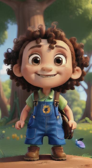  {The tree with a smiling face formed by its bark, looking down at Riley., Riley, a curious with big brown eyes and curly hair, wearing overalls and carrying a small backpack. Their friend, Skye, a bluebird with shiny feathers.