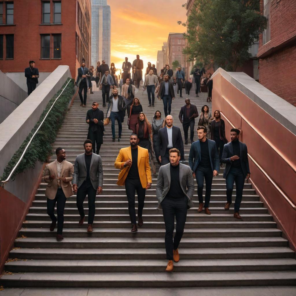  Visualize a scene in an inner city setting where a diverse group of people are helping each other climb a large set of public stairs at sunset. The stairs are bustling with energy, with more individuals joining in the communal effort. At the top, a man with slicked-back salt-and-pepper hair wearing a smart casual attire reaches out to aid those arriving. The stairs are the focus, lined with handrails and urban architecture, possibly with the silhouette of buildings against the golden sky. Everyone is dressed in a blend of urban and comfortable clothing, adding a touch of individuality and fashion, embodying an urban community's shared success. hyperrealistic, full body, detailed clothing, highly detailed, cinematic lighting, stunningly beautiful, intricate, sharp focus, f/1. 8, 85mm, (centered image composition), (professionally color graded), ((bright soft diffused light)), volumetric fog, trending on instagram, trending on tumblr, HDR 4K, 8K