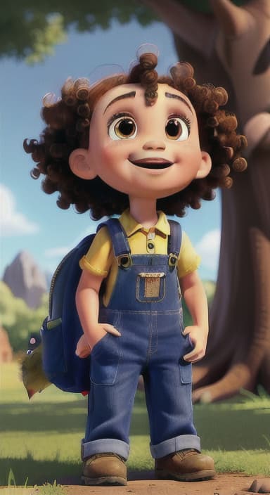  {Riley looking up at the tree with a big smile, animals surrounding them., Riley, a curious with big brown eyes and curly hair, wearing overalls and carrying a small backpack. Their friend, Skye, a bluebird with shiny feathers.