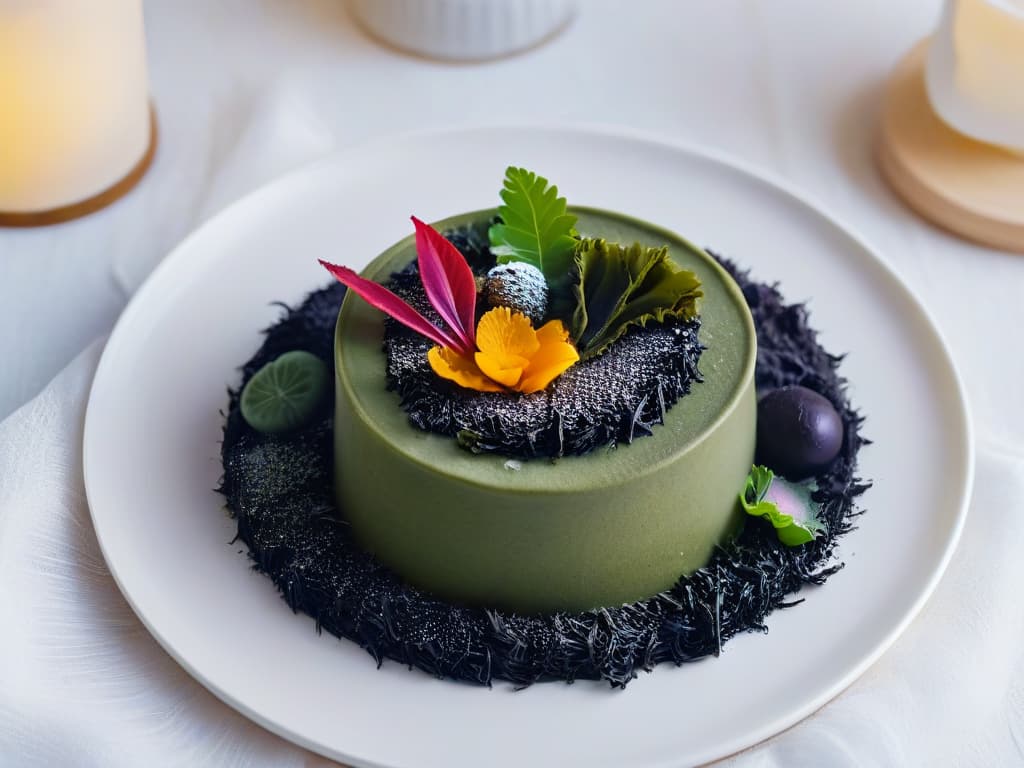  A highresolution, minimalistic image featuring a beautifully plated dessert adorned with delicate, artistic arrangements of various types of seaweed like dulse, nori, and sea grapes. The dessert should be elegantly presented on a sleek, modern plate, showcasing a harmonious blend of colors, textures, and shapes that evoke a sense of sophistication and culinary artistry. hyperrealistic, full body, detailed clothing, highly detailed, cinematic lighting, stunningly beautiful, intricate, sharp focus, f/1. 8, 85mm, (centered image composition), (professionally color graded), ((bright soft diffused light)), volumetric fog, trending on instagram, trending on tumblr, HDR 4K, 8K