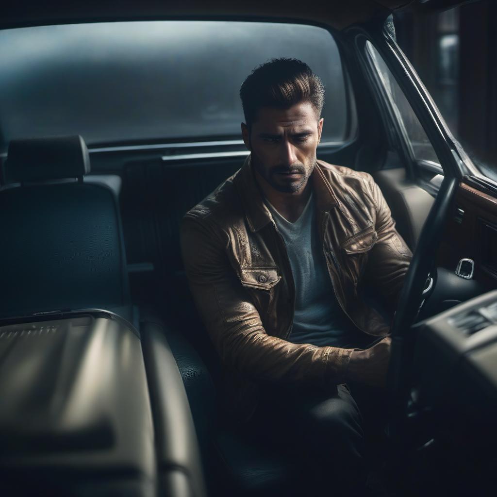  A sad guy, full body view, seated in the rear of a car. hyperrealistic, full body, detailed clothing, highly detailed, cinematic lighting, stunningly beautiful, intricate, sharp focus, f/1. 8, 85mm, (centered image composition), (professionally color graded), ((bright soft diffused light)), volumetric fog, trending on instagram, trending on tumblr, HDR 4K, 8K