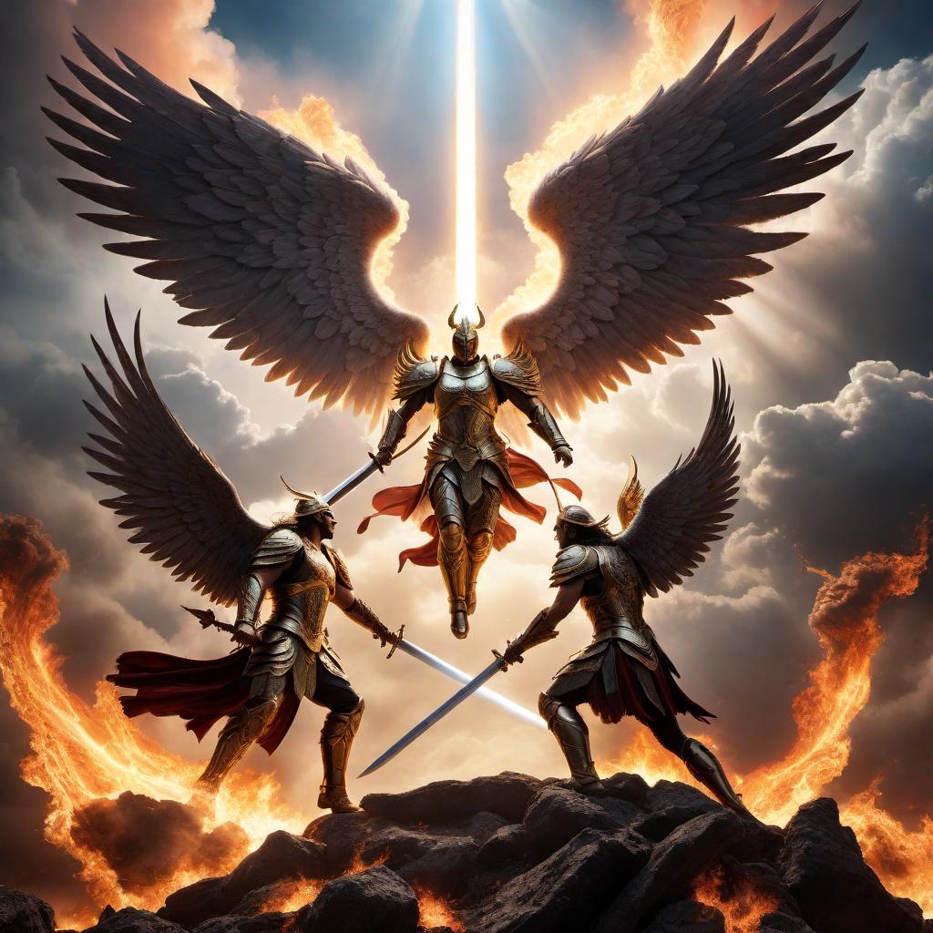  A dramatic scene of angels battling demons in heaven. The sky is bright with radiant light and fluffy clouds. The angels, clad in brilliant armor and wielding radiant swords, fly with wings of glowing feathers. The demons, shrouded in dark, tattered wings and wielding dark weapons, attack fiercely. The battleground is a tumultuous mix of celestial light and dark energies, with beams of heavenly light clashing with infernal flames. The angels and demons are engaged in intense combat in a heavenly backdrop. Each image captures a different moment in the battle. hyperrealistic, full body, detailed clothing, highly detailed, cinematic lighting, stunningly beautiful, intricate, sharp focus, f/1. 8, 85mm, (centered image composition), (professionally color graded), ((bright soft diffused light)), volumetric fog, trending on instagram, trending on tumblr, HDR 4K, 8K