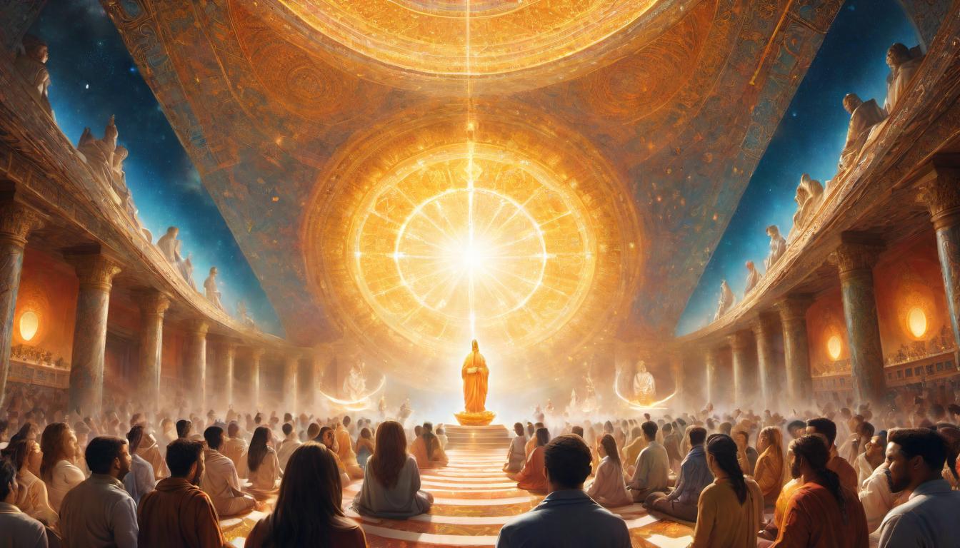  digital illustration, A room filled with people, the central figure glowing with a soft, radiant light, impacting those around with a visible change, the transformation of space and soul, faces show a mix of awe and enlightenment, the embodiment of spiritual influence, transformative aura, looking at viewer, dynamic pose, (intricate details, masterpiece, best quality)