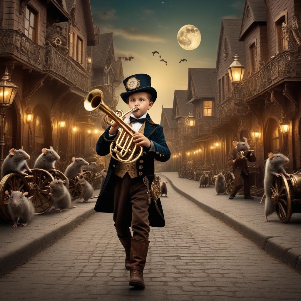  steampunk style (((man boy playing trumpet))) walking down the road playing the trumpet, a lot of rats in a string following the boy night moon lake, photo quality, 8K,lo . antique, mechanical, brass and copper tones, gears, intricate, detailed